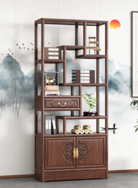 2026新款实木博古架多宝阁新中式榆木摆件客厅置物架子茶叶展示柜
