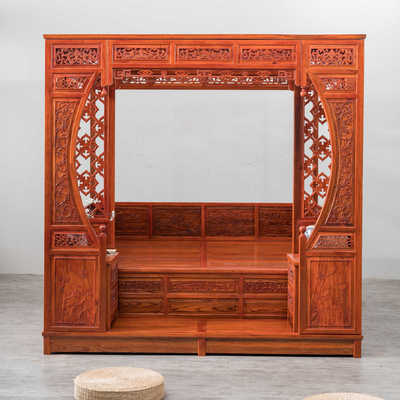 金花梨中式雕花复古典踏步床古代家具宫廷实木床拔踏步床架子床