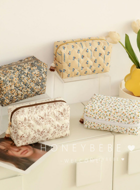 韩国ins碎花绗缝化妆包大容量棉布收纳洗包笔袋格子绣花女包包