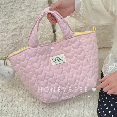 韩国ins妈咪包软绵绵绗缝爱心手拎便当包手提包上班通勤饭盒袋