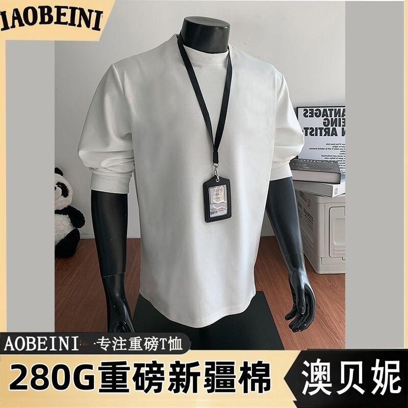 高端重磅纯棉长袖t恤男士春秋宽松圆领卫衣内搭白色打底衫上衣女