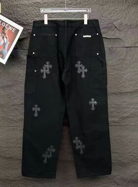 的拼皮潮流版型宽松潮裤休闲裤十字架直筒宽松男装梵文裤子牛仔裤