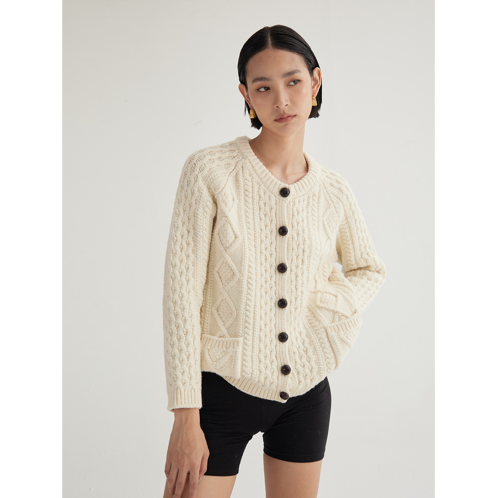 绞花圆领直筒针织开衫毛衣外套