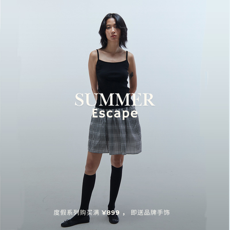 OTHERSTORE 怦然心动 白色松紧蓬蓬半身裙女低腰百褶短裙条纹裙裤