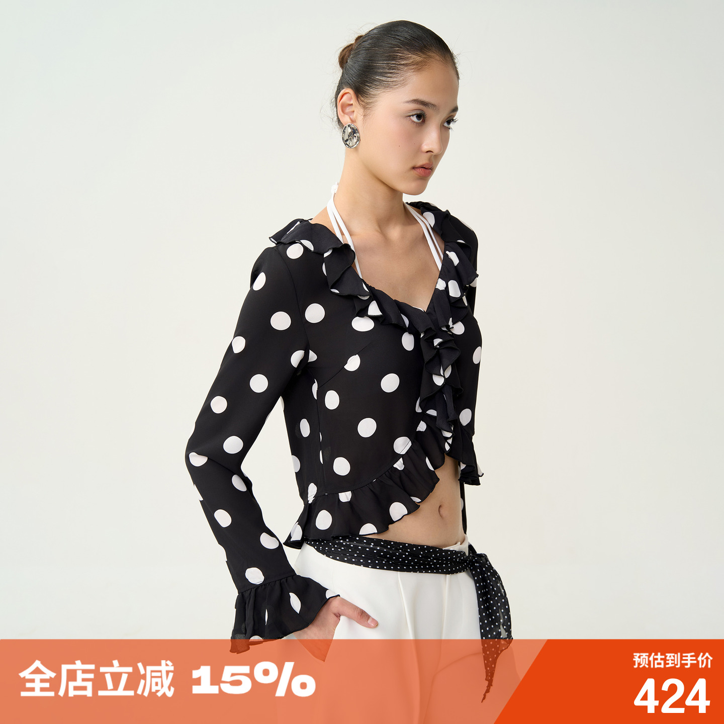 黑色V领波点衬衫设计感长袖上衣