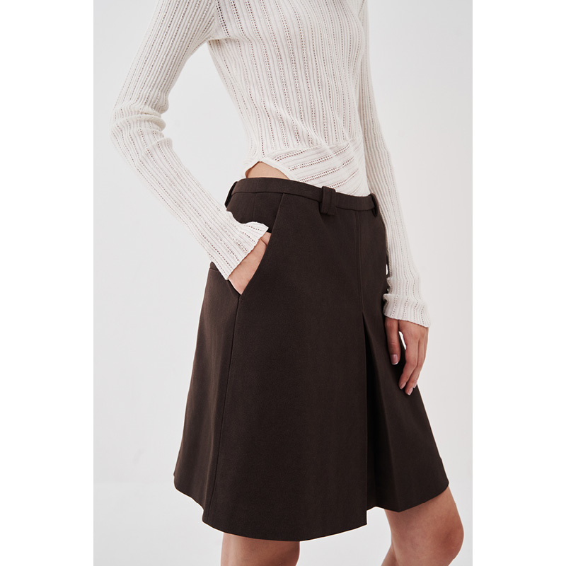 复古咖色活褶撞钉仿麂皮半身裙