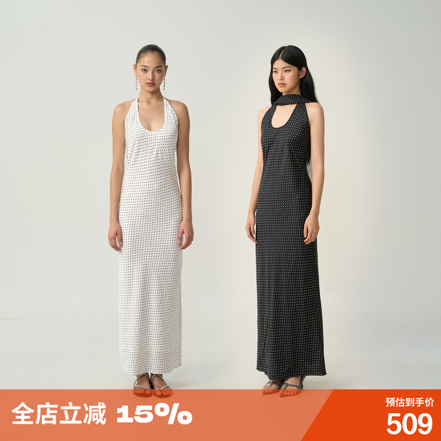 设计感挂脖连衣裙露背波点裙子