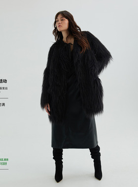 OTHERSTORE 名利场晚宴 黑色宽松皮草外套女冬季直筒环保保暖大衣