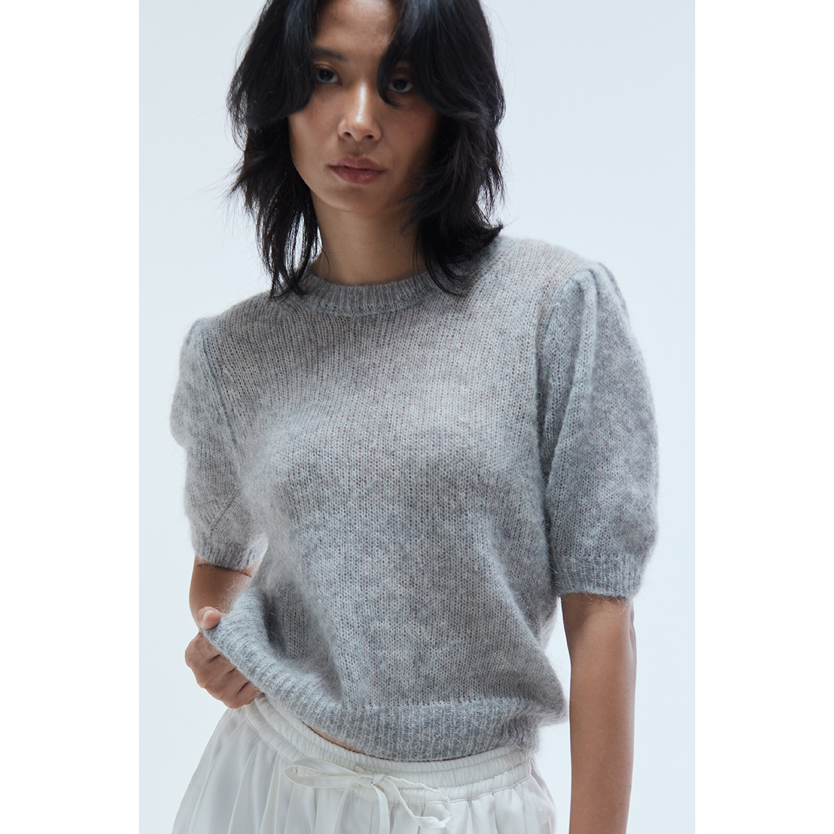 马海毛半袖泡泡袖直筒套头毛衣