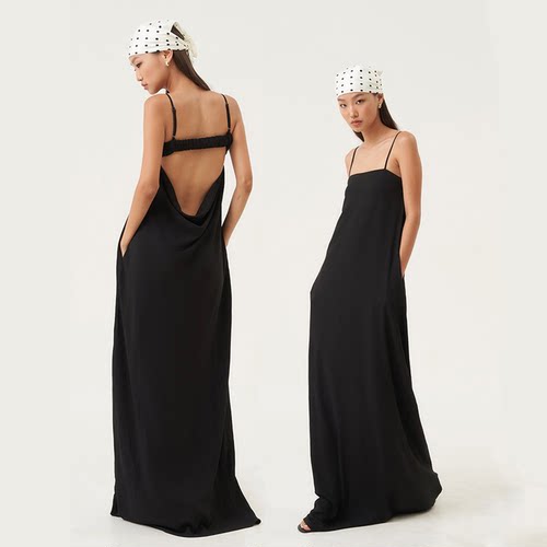 高级感黑色吊带连衣裙露背长裙子