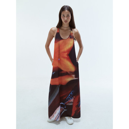 U型背心式印花长款背心连衣裙