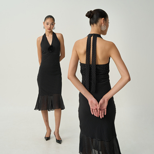 OTHERSTORE 波点玫瑰 法式黑色波点连衣裙女收腰显瘦鱼尾挂脖裙子