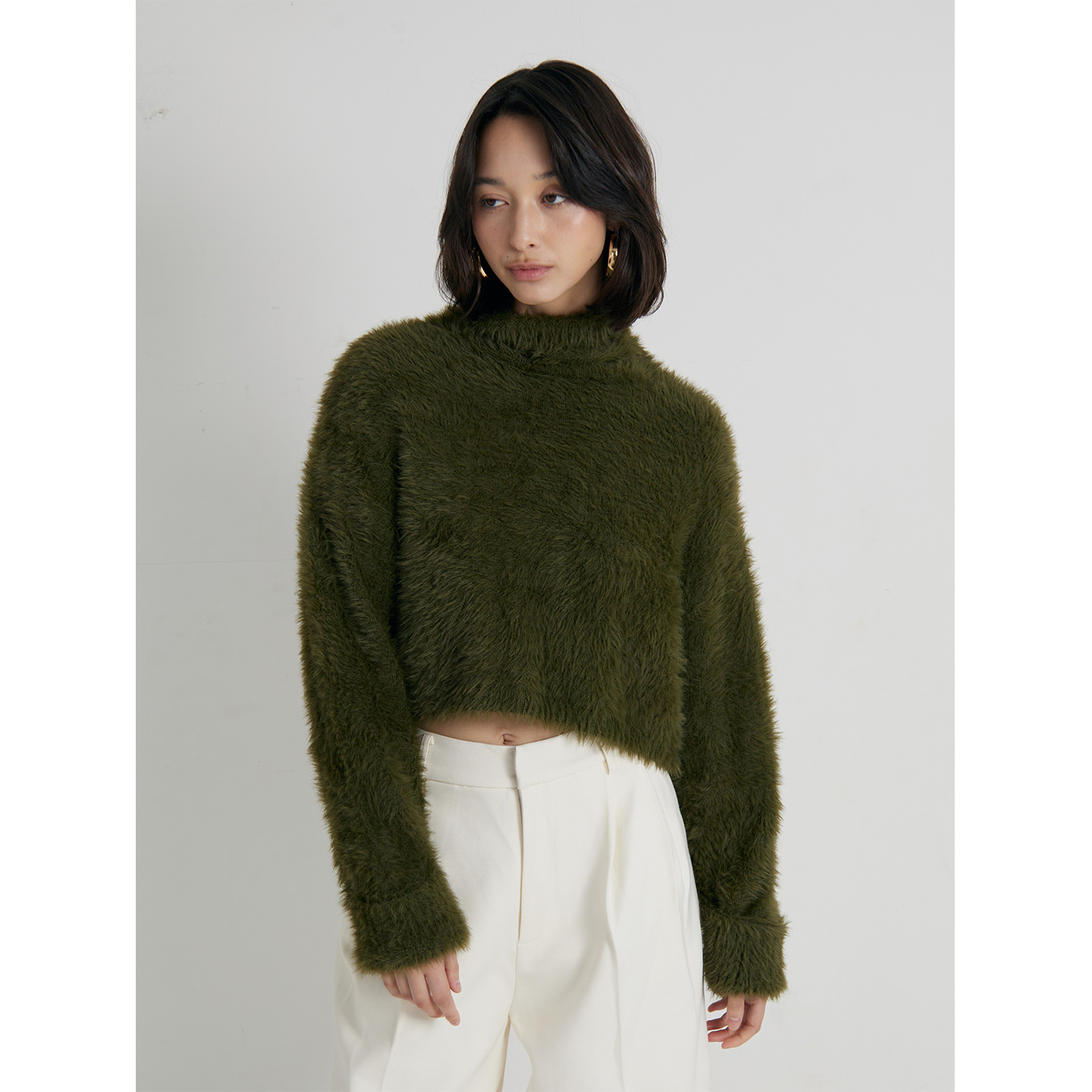 仿真貂毛高领针织衫宽松短款毛衣