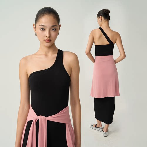 不对称单肩挂脖连衣裙修身裙子