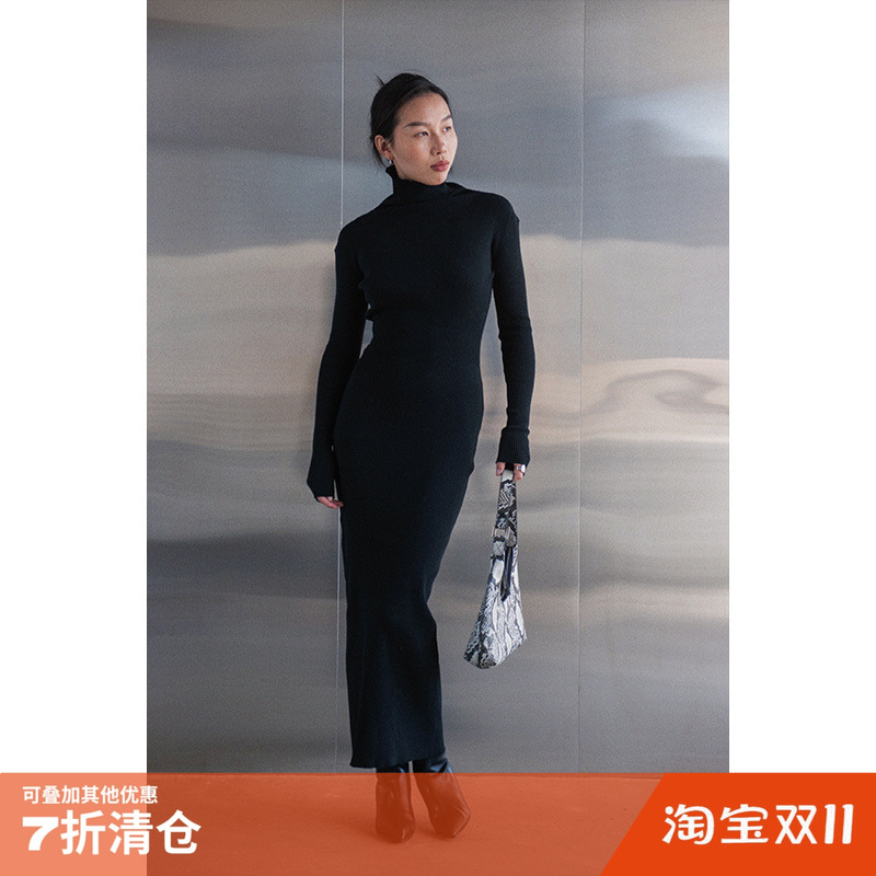 黑色高领显瘦修身长裙针织连衣裙