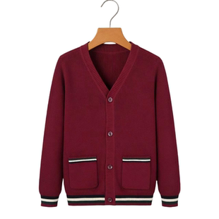 学生校服开衫男童初秋枣红色英伦休闲毛衣女童全棉外套口袋针织衫