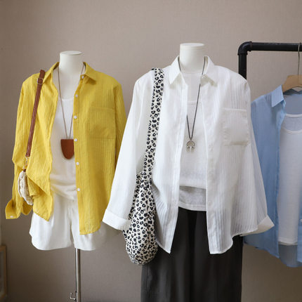 [比正]2026春夏新款韩版休闲两件套背心中长款条纹衬衫薄女5775