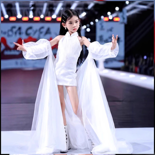大拖尾短款包臀裙儿童礼服新款典雅白色立领无袖主持人走秀比赛服