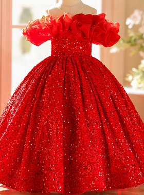 女童礼服公主裙红色T台走秀主持人儿童礼服钢琴演出服婚礼花童服