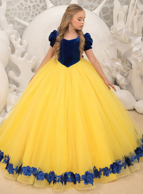 女童礼服公主裙蓬蓬纱黄色儿童婚纱主持人晚礼服钢琴演出服洋气夏