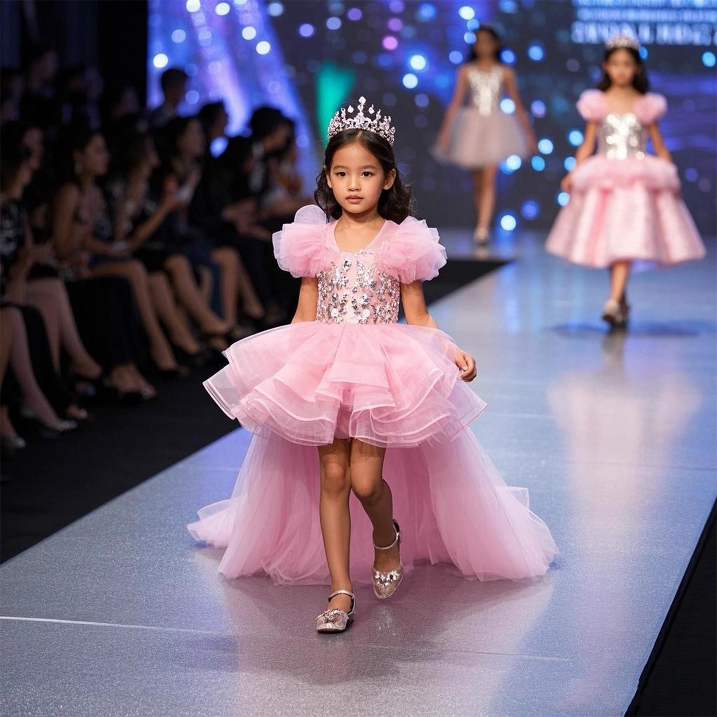 小众粉色前短后长网纱大拖尾礼服