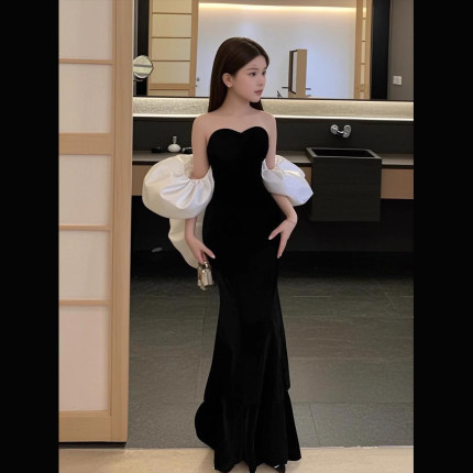 女童礼服走秀小众黑色包臀裙儿童礼服高端轻奢生日宴会主持晚礼服