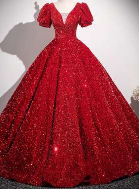 大童礼服公主裙高端红色V领泡泡袖小主持人晚礼服模特走秀演出服