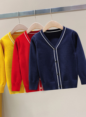 秋冬装儿童黄色开衫男女童红色毛衣校服小学生纯棉藏青针织衫外套