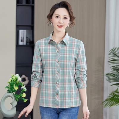 新款全棉衬衫女长袖格子开衫上衣