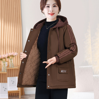 特大码妈妈装连帽加绒牛仔外套女