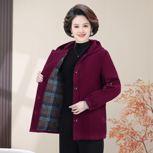 新款妈妈装灯芯绒连帽外套棉衣女中老年人秋冬宽松休闲夹棉上衣服
