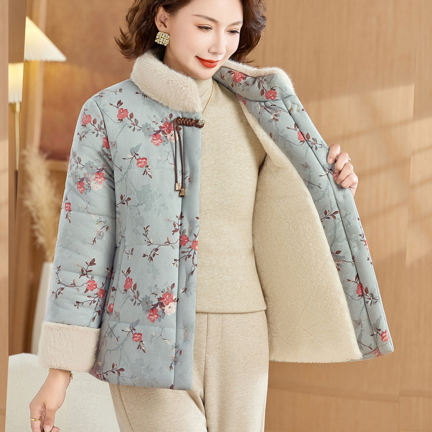 新中式妈妈冬装加绒加厚碎花棉服