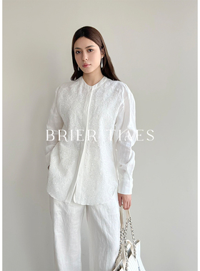 25MR25199/新款高级感重工镶钻花朵圆领宽松白色衬衫洋气百搭衬衣