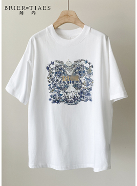 24LO30339/印花短袖t恤女夏季蝴蝶显瘦圆领套头宽松设计感上衣