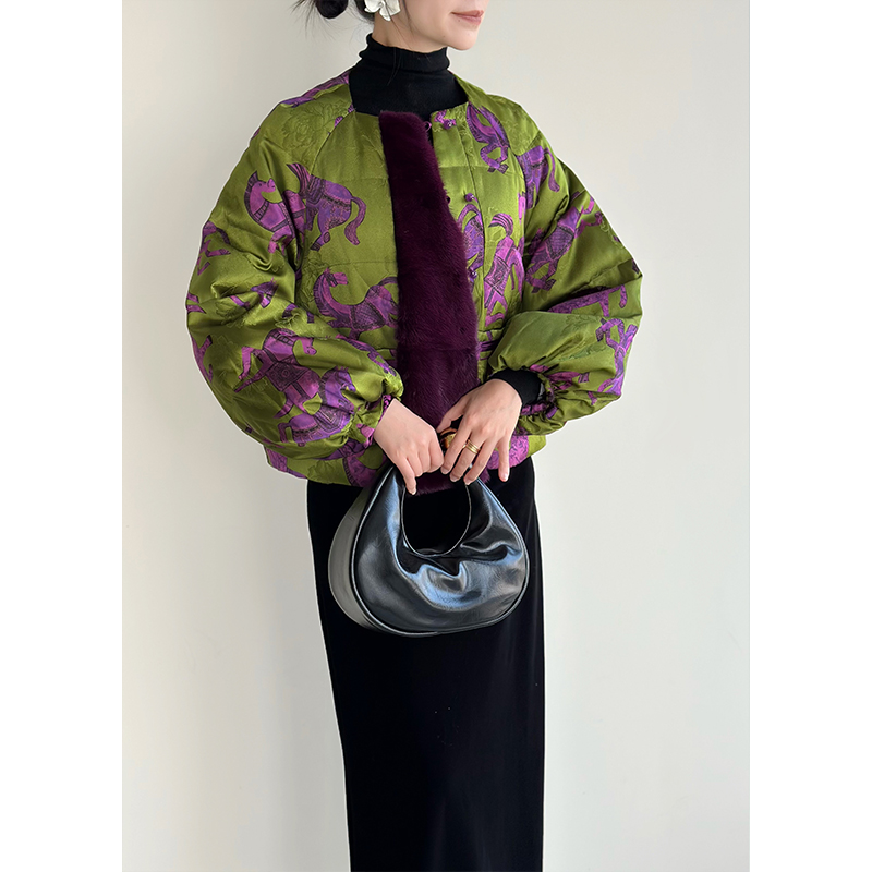 25QS85507/新中式国风小马提花拼接短外套女轻薄貂拼接鹅绒服