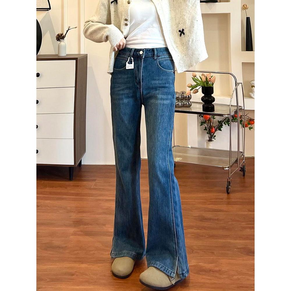 开叉微辣喇牛仔裤女春秋胖mm梨型身材粗腿宽胯大码巨显瘦遮肉裤子