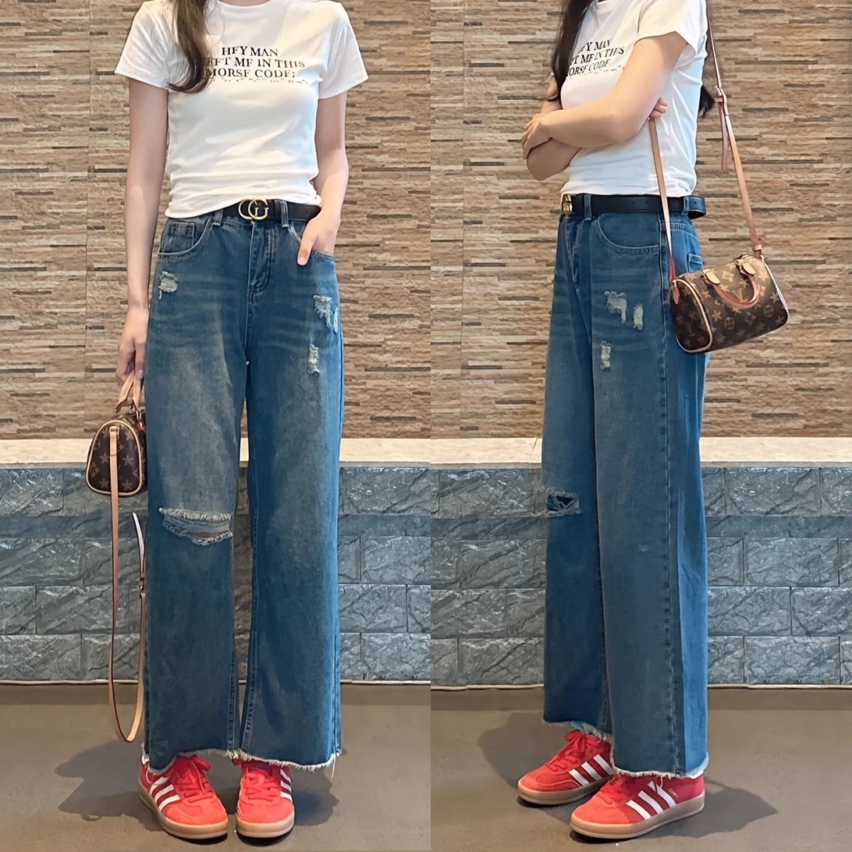 九分破洞牛仔裤女毛边阔腿裤大码胖mm高腰显瘦小个子宽松直筒裤夏