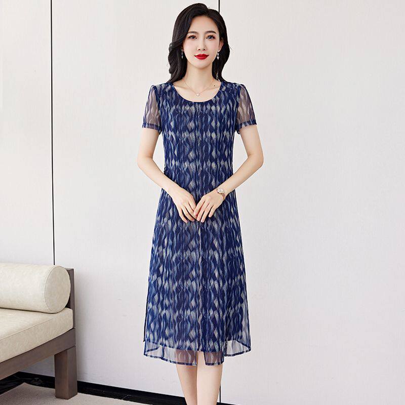 2026夏季新款中年妈妈短袖连衣裙女气质圆领大码宽松显瘦网纱裙子