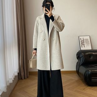 呢绒双面小个子中长款显瘦宽松秋冬女款赫本风高级羊毛呢大衣外套