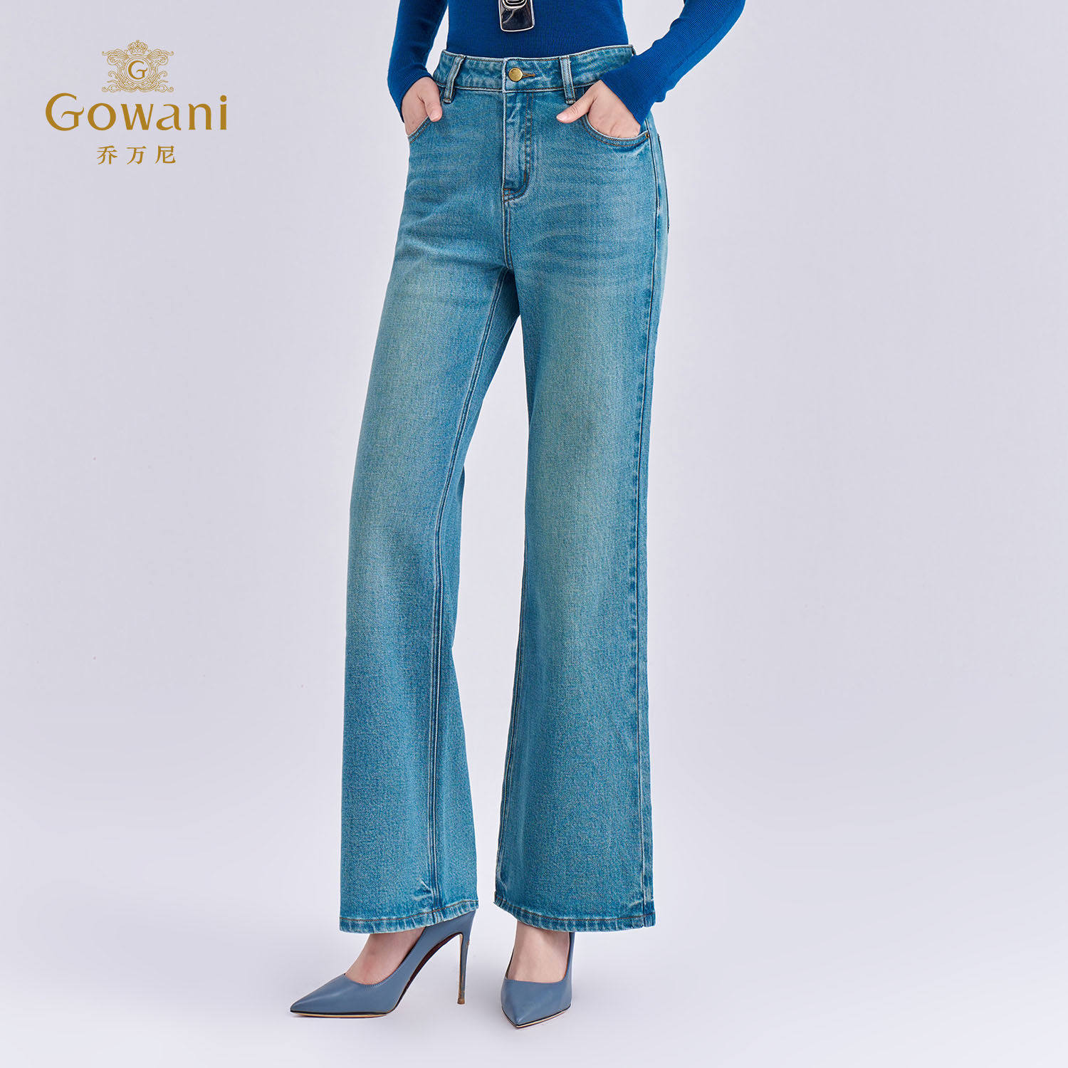 乔万尼浅蓝色通勤高腰直筒牛仔裤女裤子2026春季显瘦微喇修身长裤