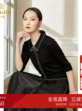 乔万尼新款针织衫女柔糯亲肤订钻设计中袖领结减龄EI2M820