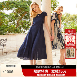 乔万尼夏新品桑蚕丝连衣裙亚麻纯色气质收腰真丝a字裙中长款
