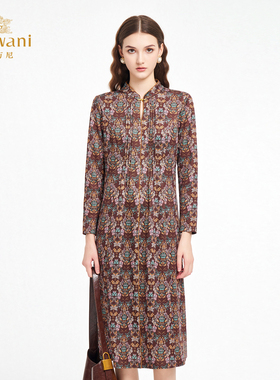 乔万尼复古连衣裙女2026春新款中式立领手工盘扣修身裙子ED3E285