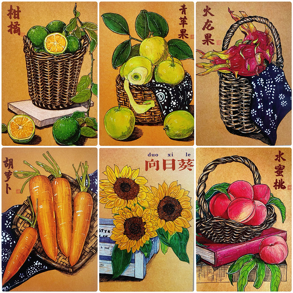 甄选 创意《马克笔彩铅线描》临摹卡花卉果蔬32张双面A5覆膜画室