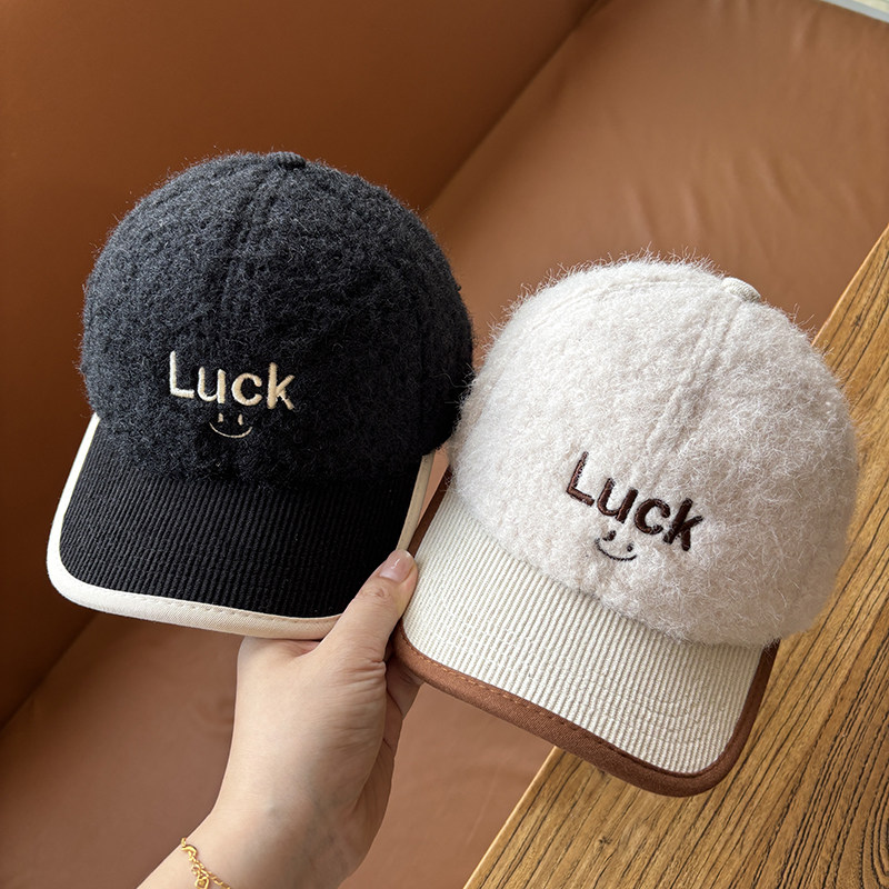 儿童帽子秋冬韩版刺绣luck儿童毛绒棒球帽百搭宝宝鸭舌帽时尚潮帽