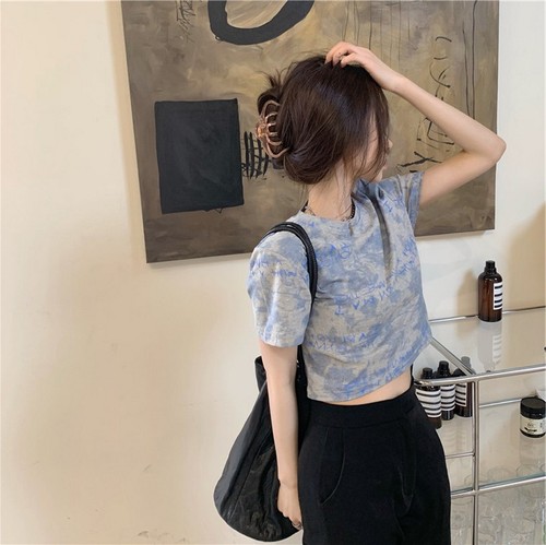 Net red tie dyed short sleeve T-shirt women's Korean version high waist exposed navel short upper clothes women