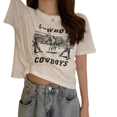 Retro printed short sleeved T-shirt women's summer dress new Korean design sense girl slim student top