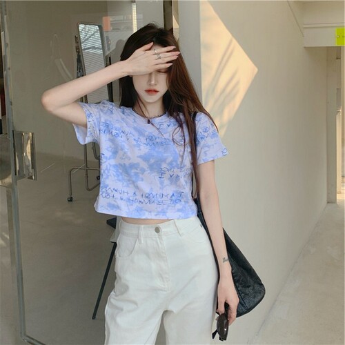 Net red tie dyed short sleeve T-shirt women's Korean version high waist exposed navel short upper clothes women