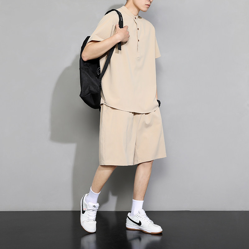 潮牌休闲男士运动套装夏季立领T恤宽松抽绳短裤A266-TZ999-P45图片