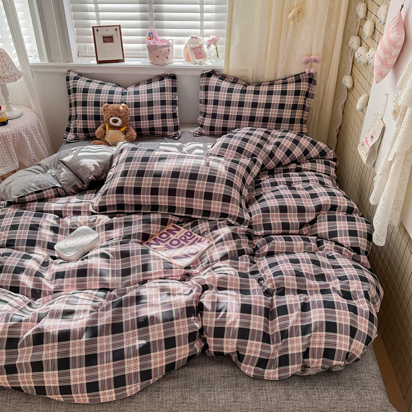 北欧风水洗棉床上四件套灰色床单学生宿舍三件套a类简约格子被套